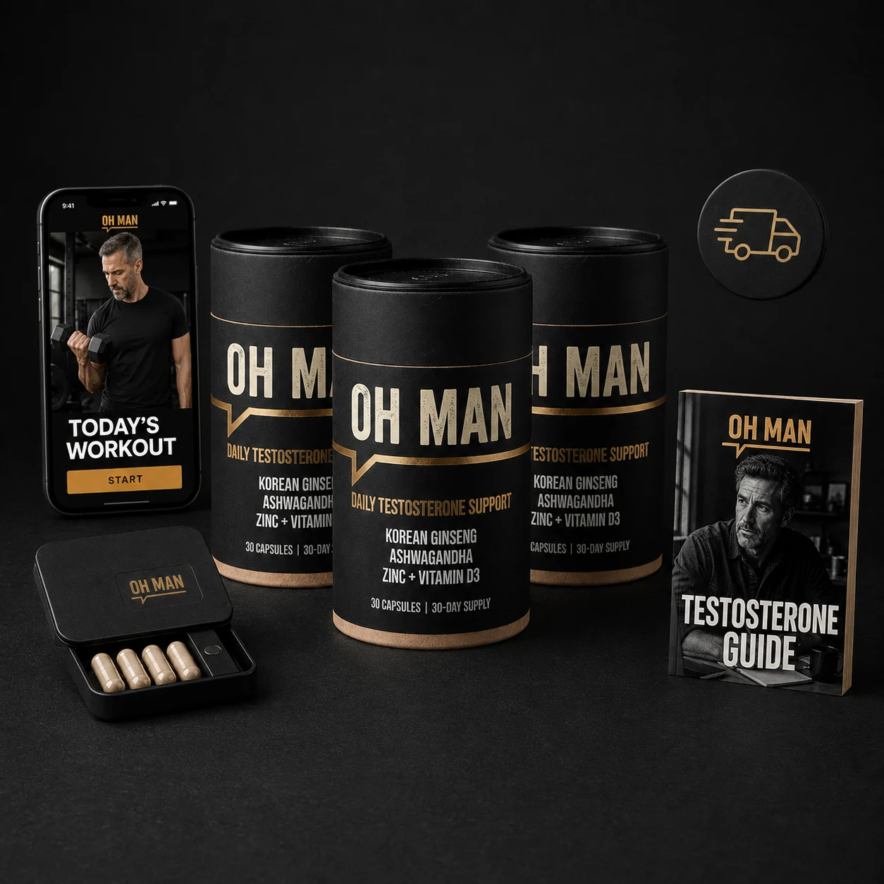 OH MAN 90-day kit with three bottles, workout app, travel box, testosterone guide and free shipping